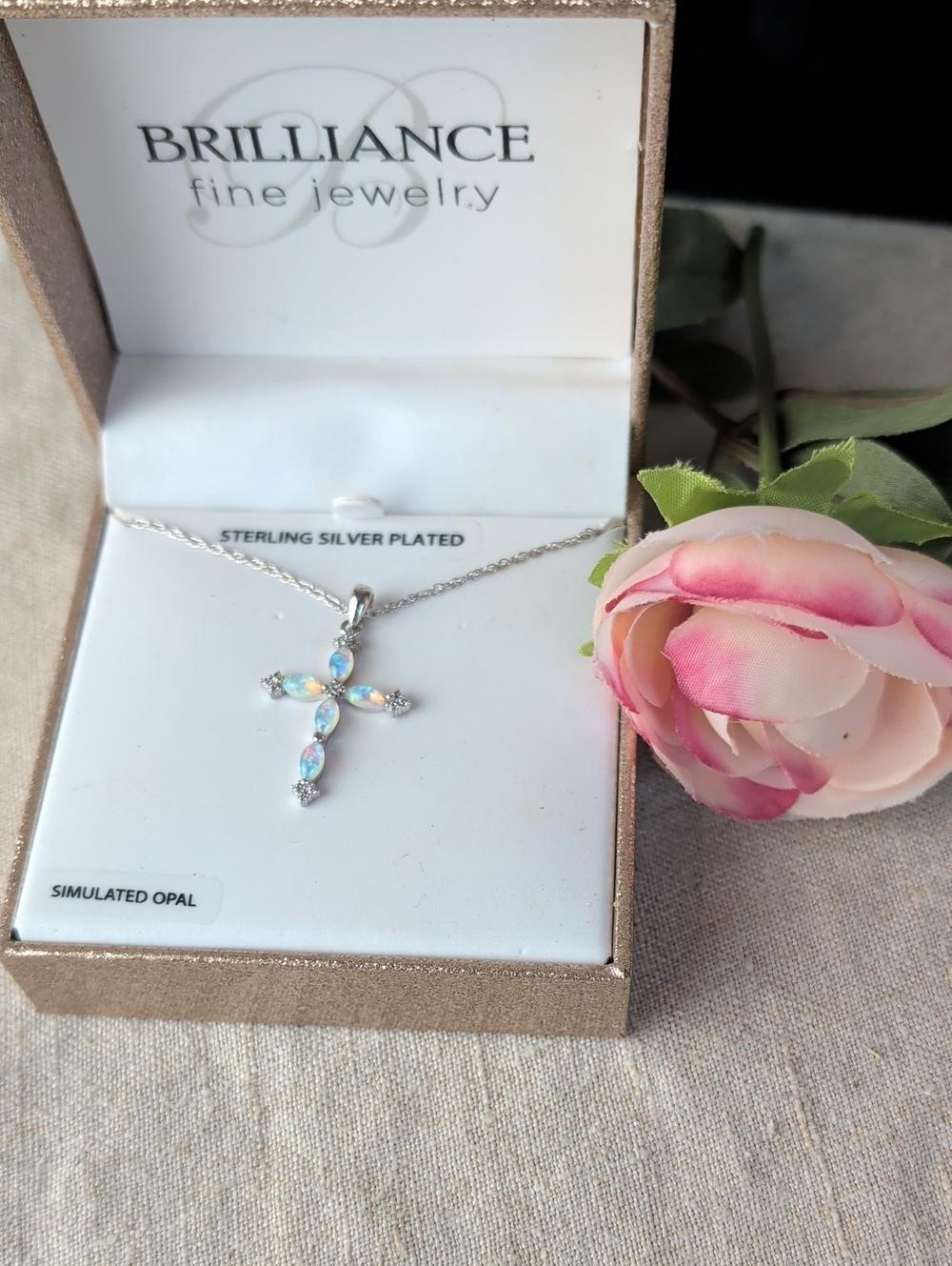 Brilliance Fine Jewelry Simulated Opal Cross Necklace Sterling Silver Plated - Picture 1 of 7